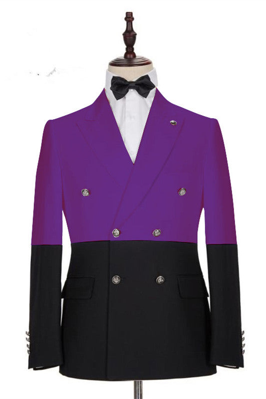 Handsome Purple Double-Breasted Wedding Tuxedo with Peaked Lapel