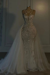 Heavy Mermaid Wedding Dress V-neck Spaghetti Strap Long With Beadings Babyonlines