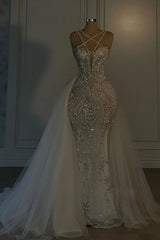 Heavy Mermaid Wedding Dress V-neck Spaghetti Strap Long With Beadings Babyonlines
