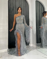 Heavy One Shoulder Long Sleeve Prom Dress with Beading and Feather