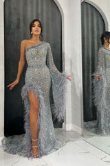 Heavy One Shoulder Long Sleeve Prom Dress with Beading and Feather