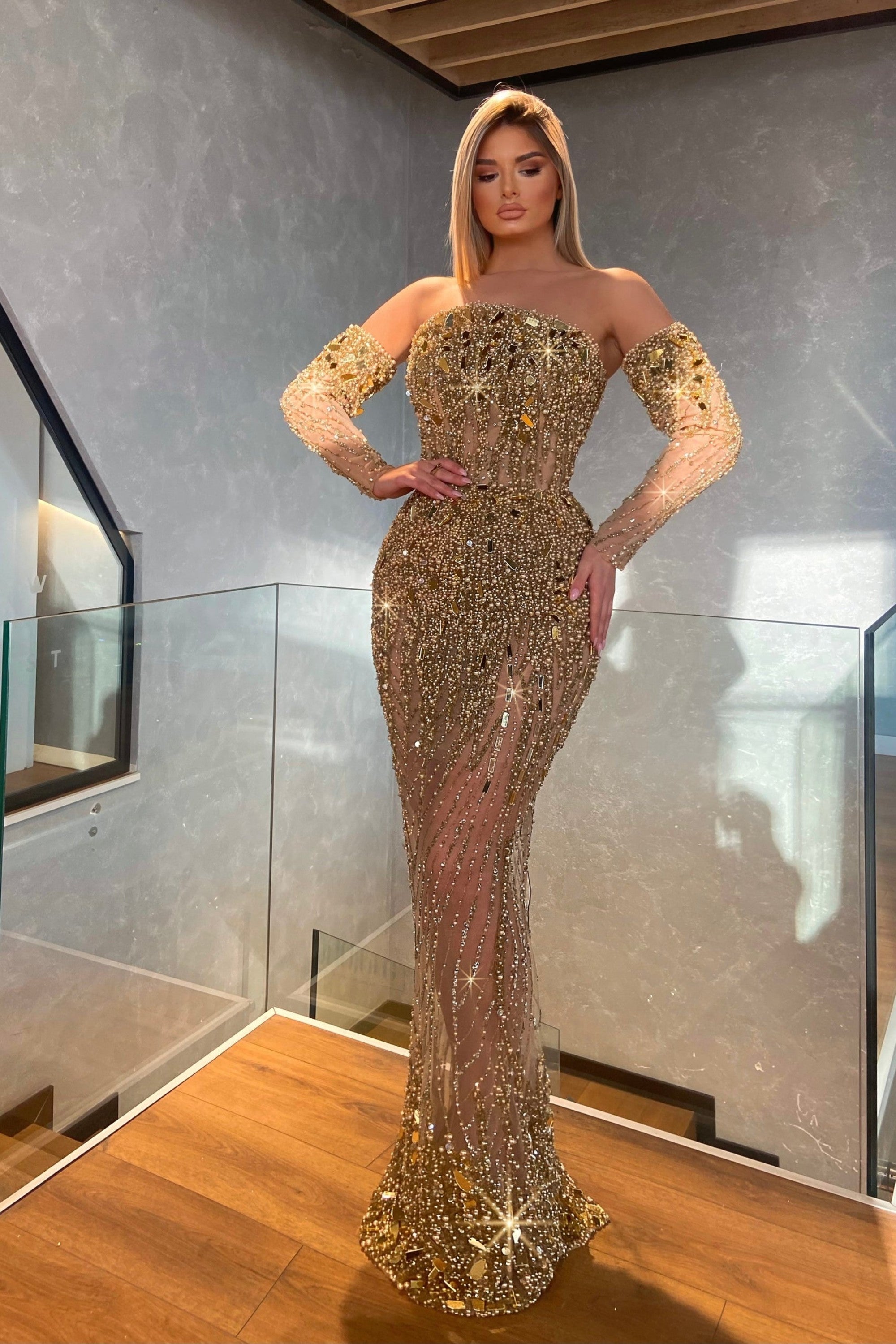 Heavy Gold Long Prom Dress with Beading Sequins Short Sleeve