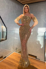 Heavy Gold Long Prom Dress with Beading Sequins Short Sleeve