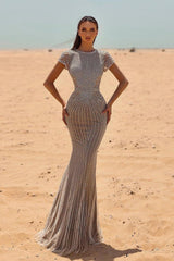 Heavy Silver Jewel Neck Mermaid Prom Dress with Beading
