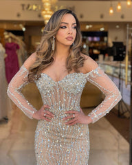 Sweetheart Long Sleeve Strapless Tulle Prom Dress with Beading