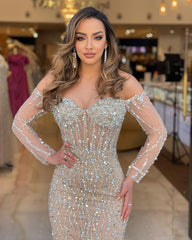 Sweetheart Long Sleeve Strapless Tulle Prom Dress with Beading