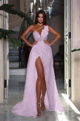 One Shoulder Long Prom Dress with High Slit and Heavy Sequins
