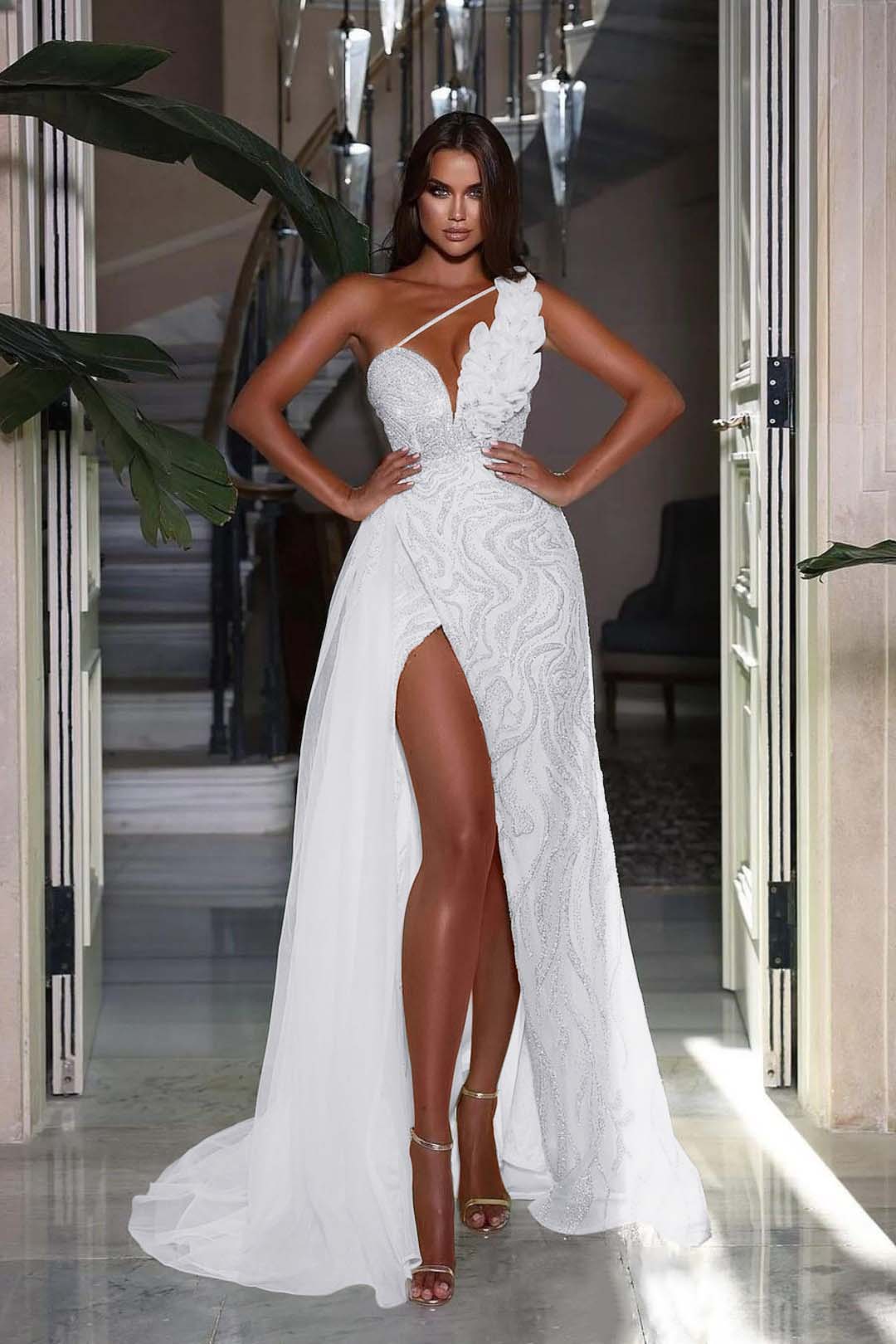 One Shoulder Long Prom Dress with High Slit and Heavy Sequins