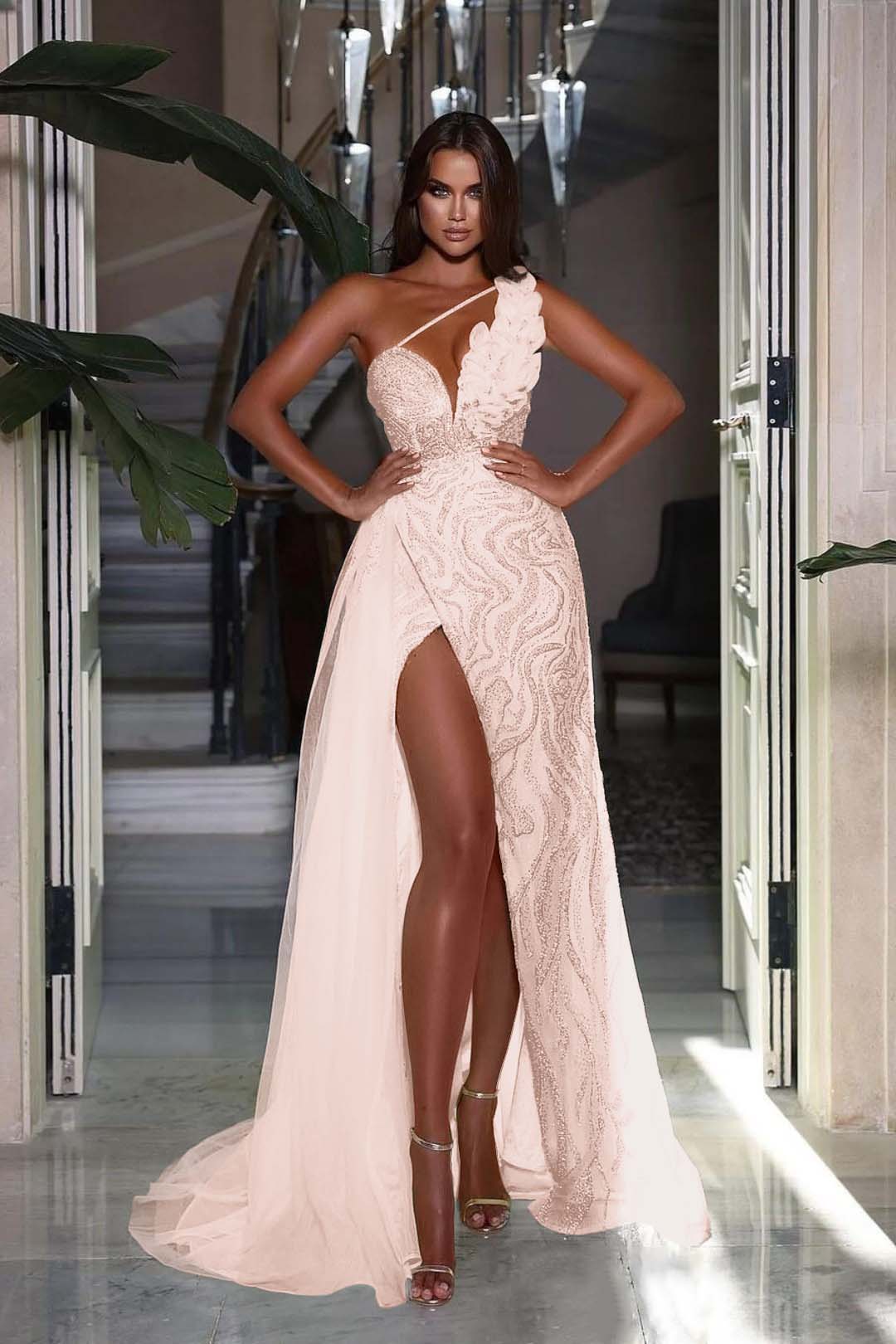 One Shoulder Long Prom Dress with High Slit and Heavy Sequins