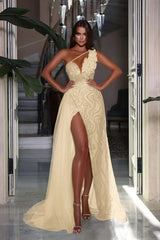 One Shoulder Long Prom Dress with High Slit and Heavy Sequins