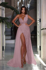 One Shoulder Long Prom Dress with High Slit and Heavy Sequins
