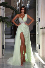 One Shoulder Long Prom Dress with High Slit and Heavy Sequins
