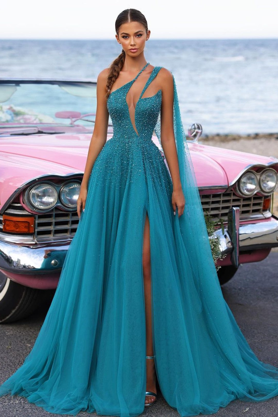 Heavy One Shoulder Green Tulle Prom Dress with Sequins and High Split