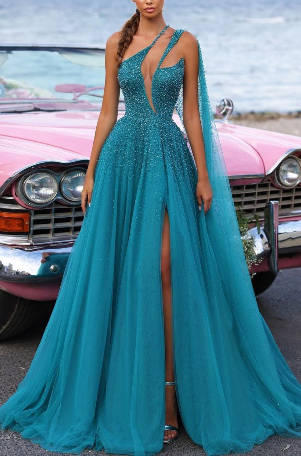 Heavy One Shoulder Green Tulle Prom Dress with Sequins and High Split