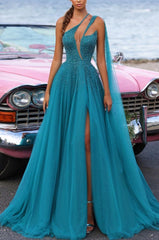Heavy One Shoulder Green Tulle Prom Dress with Sequins and High Split