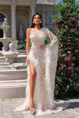 Heavy White Tulle One Shoulder Evening Dress with High Slit