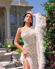 Heavy White Tulle One Shoulder Evening Dress with High Slit