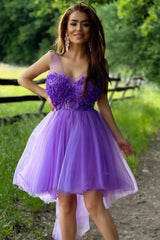 Hi-Low Illusion Neck Purple Short Homecoming Dress with Flowers