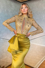 High Neck Long Sleeve Mermaid Prom Dress with Sequins Beading