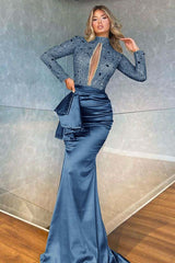 High Neck Long Sleeve Mermaid Prom Dress with Sequins Beading