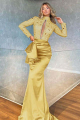 High Neck Long Sleeve Mermaid Prom Dress with Sequins Beading