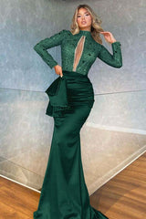 High Neck Long Sleeve Mermaid Prom Dress with Sequins Beading