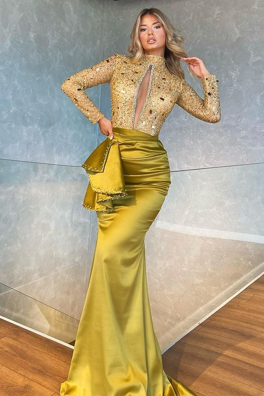 High Neck Long Sleeve Mermaid Prom Dress with Sequins Beading