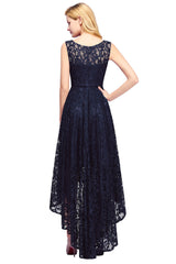 High Low A line U Neck Sleeveless Lace Formal Dress