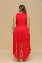 High Low A line V neck Sleeveless Lace Formal Dress