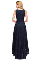 High Low A line V neck Sleeveless Lace Formal Dress