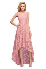 High Low A line V neck Sleeveless Lace Formal Dress