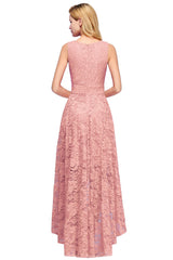 High Low A line V neck Sleeveless Lace Formal Dress