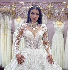 High Neck Jewel Long Sleeve Wedding Dress with Lace Appliques