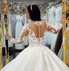 High Neck Jewel Long Sleeve Wedding Dress with Lace Appliques