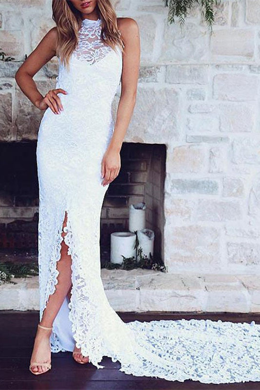 High Neck Lace Summer Beach Wedding Dress