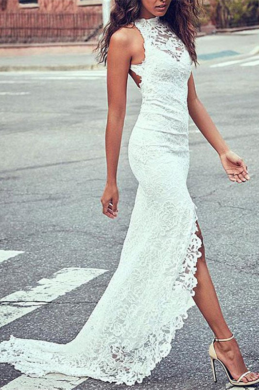 High Neck Lace Summer Beach Wedding Dress