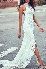 High Neck Lace Summer Beach Wedding Dress