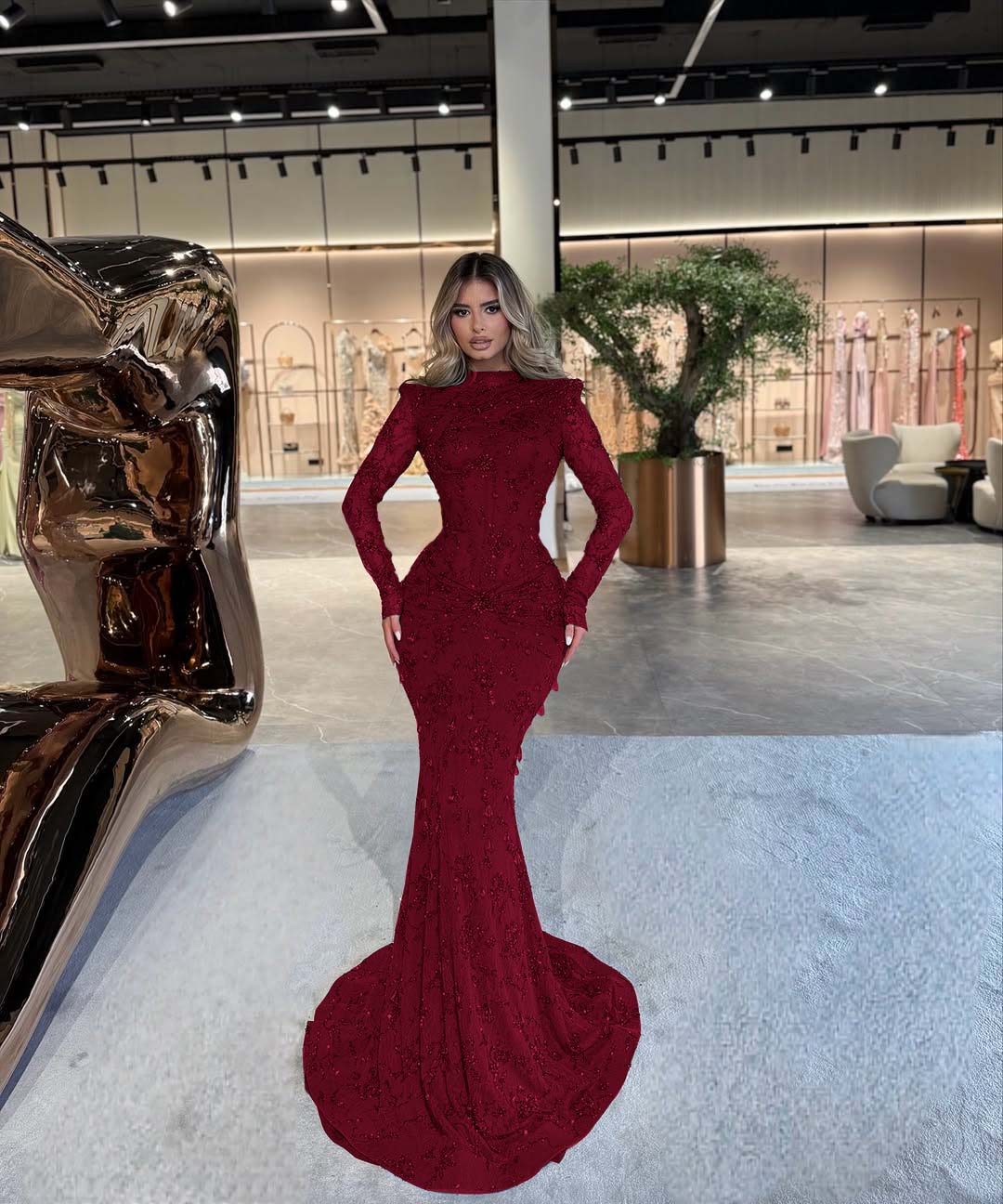 High Neck Long Sleeve Mermaid Long Prom Dress with Beading and Pleats