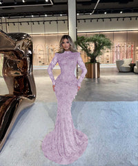 High Neck Long Sleeve Mermaid Long Prom Dress with Beading and Pleats
