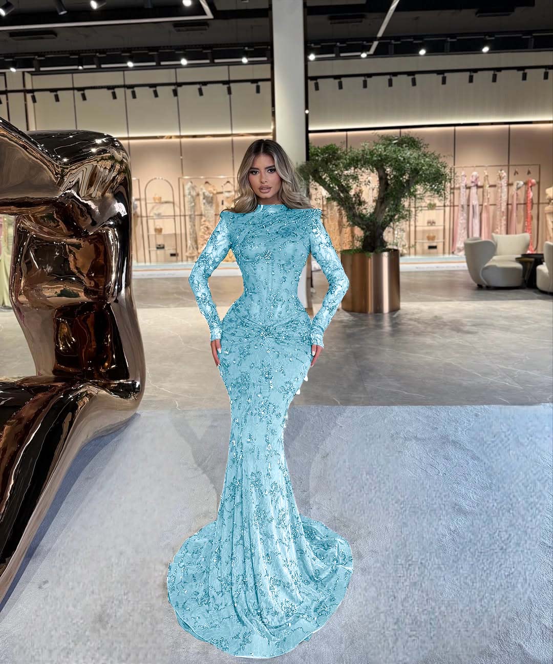 High Neck Long Sleeve Mermaid Long Prom Dress with Beading and Pleats
