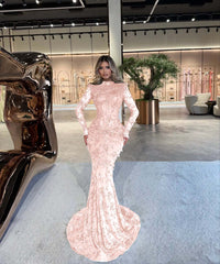 High Neck Long Sleeve Mermaid Long Prom Dress with Beading and Pleats