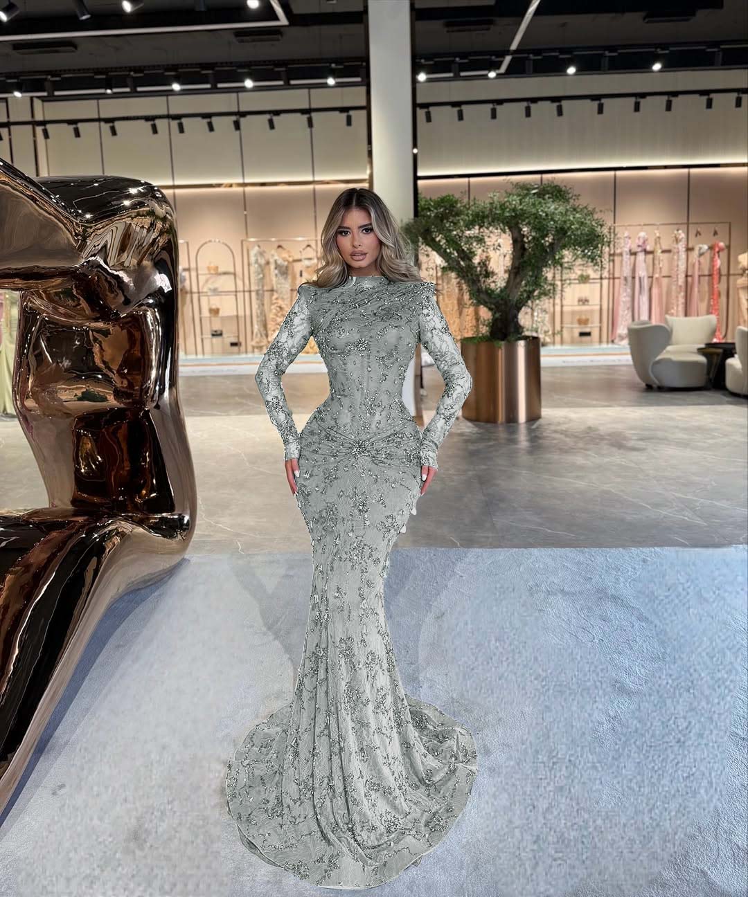 High Neck Long Sleeve Mermaid Long Prom Dress with Beading and Pleats
