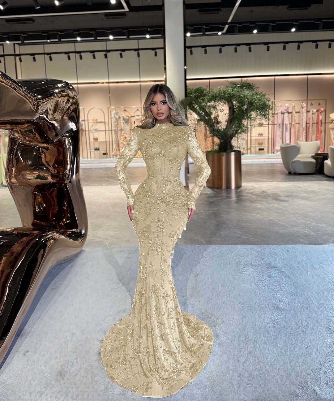 High Neck Long Sleeve Mermaid Long Prom Dress with Beading and Pleats