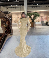 High Neck Long Sleeve Mermaid Long Prom Dress with Beading and Pleats