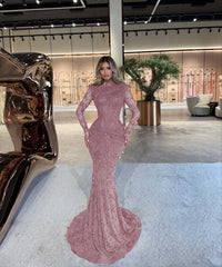 High Neck Long Sleeve Mermaid Long Prom Dress with Beading and Pleats