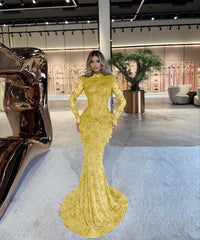 High Neck Long Sleeve Mermaid Long Prom Dress with Beading and Pleats