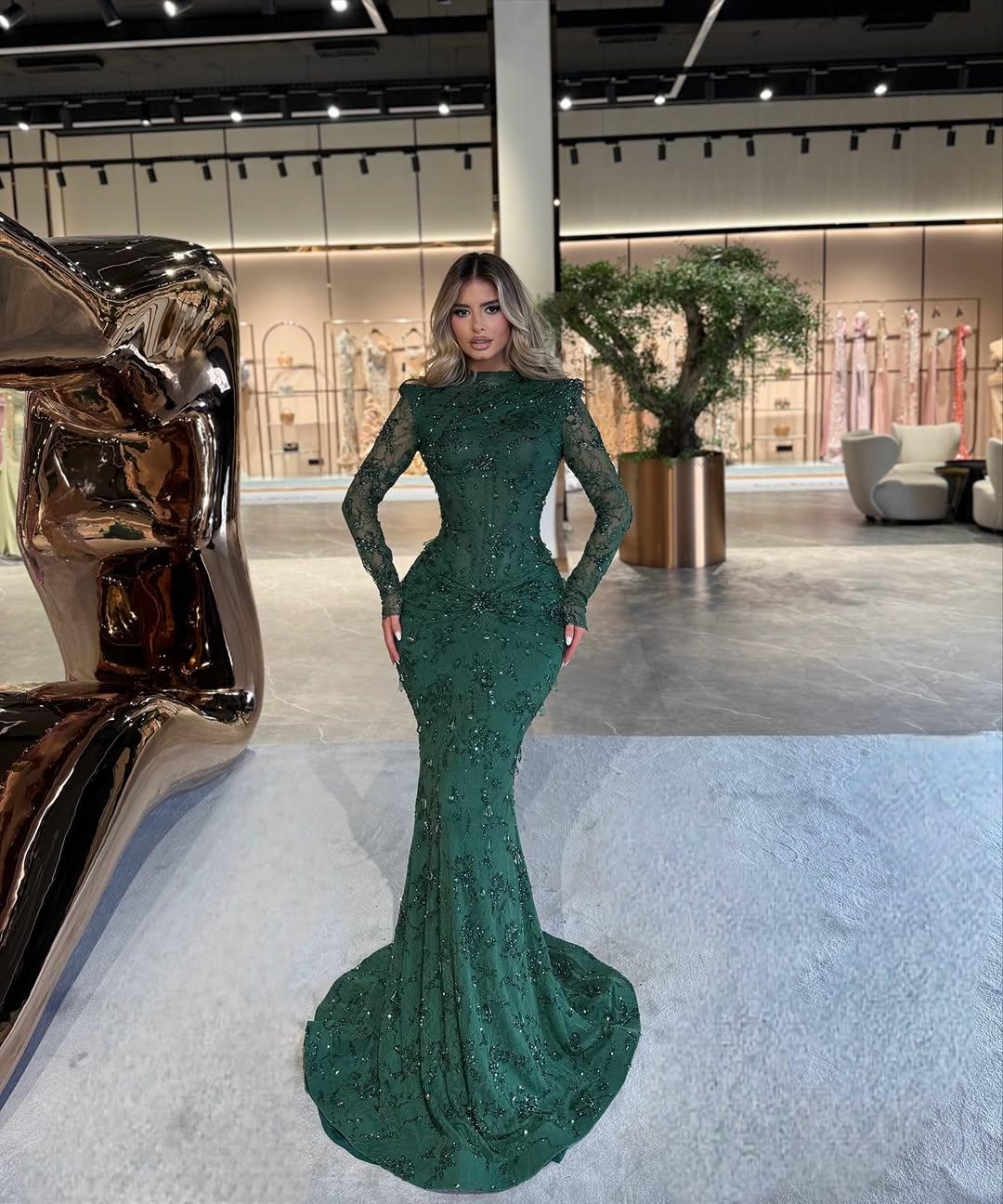 High Neck Long Sleeve Mermaid Long Prom Dress with Beading and Pleats