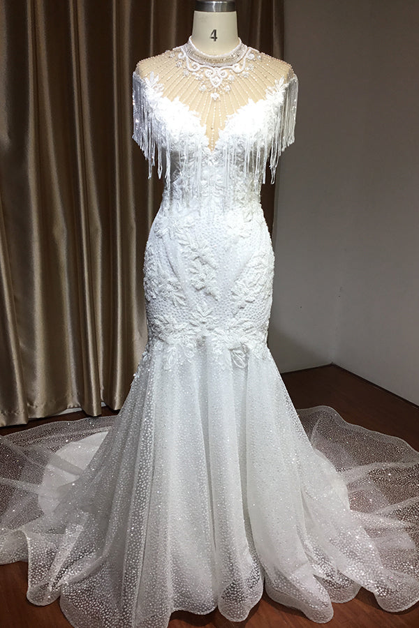 High Neck Mermaid Wedding Dress with Beading and Tassels