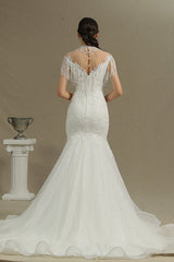 High Neck Mermaid Wedding Dress with Beading and Tassels