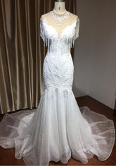 High Neck Mermaid Wedding Dress with Beading and Tassels